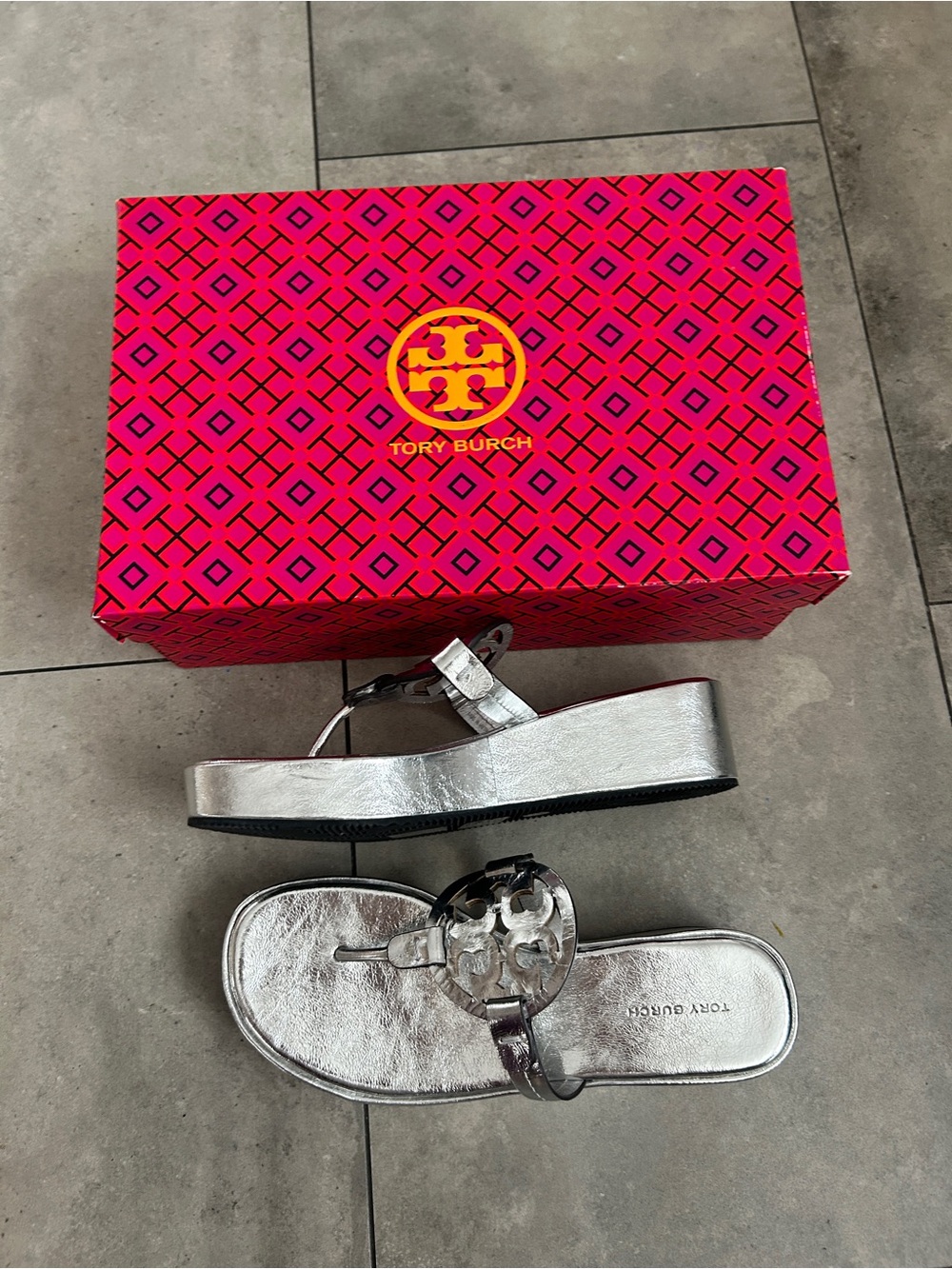 NEW Tory Burch Silver Metallic Miller Wedge Sandals 6.5